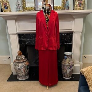 Elegant Red Satin Pant Suit Set with Ed Hardy Scarf